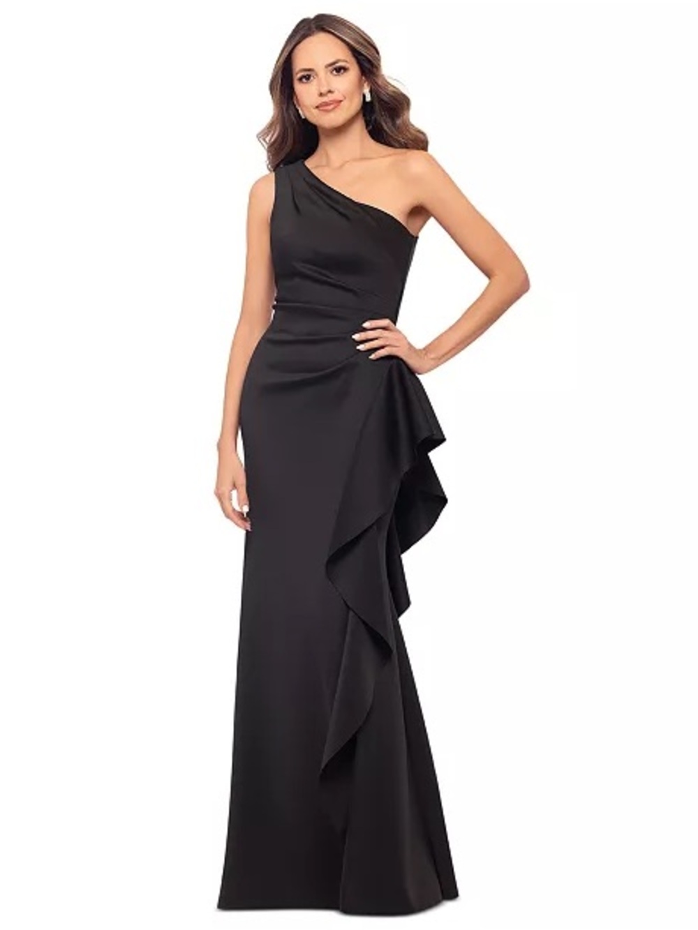 Xscape Flo Long Techno Scuba One Shoulder Ruffle Dress Black Size 10 NWT